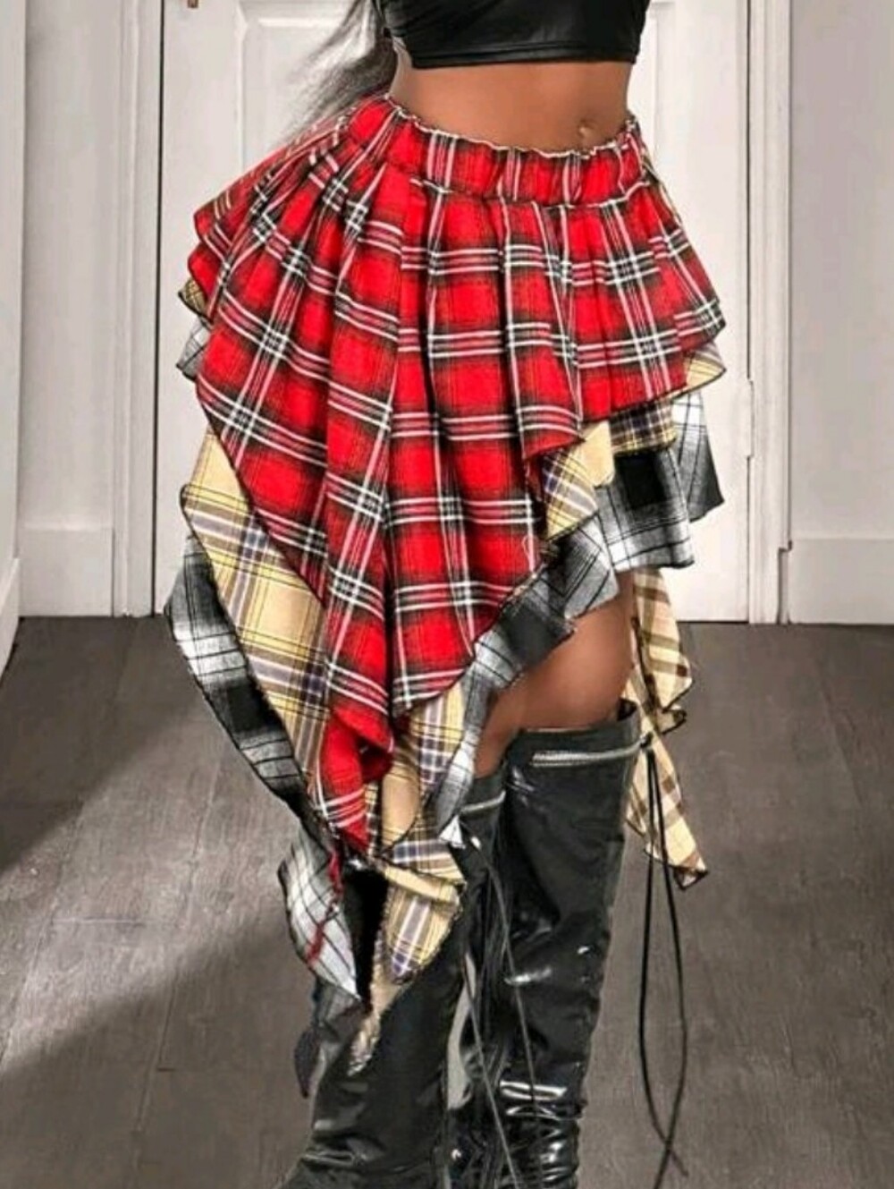 Mixed Plaid Asymmetrical Layered Mini Skirt — Red, Cream & Black - Picture 4 of 8